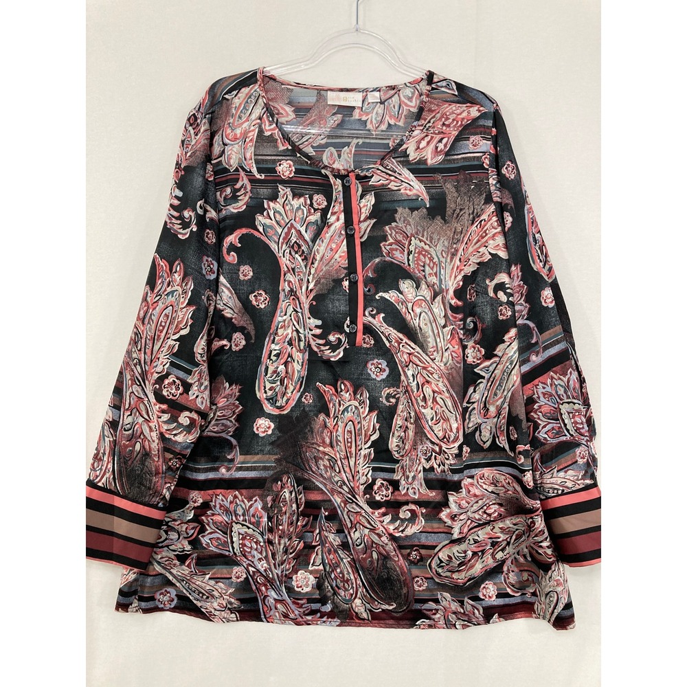 Belle by Kim Gravel Blouse 1X Multi Color Paisley Feminine Henley Neck Office
